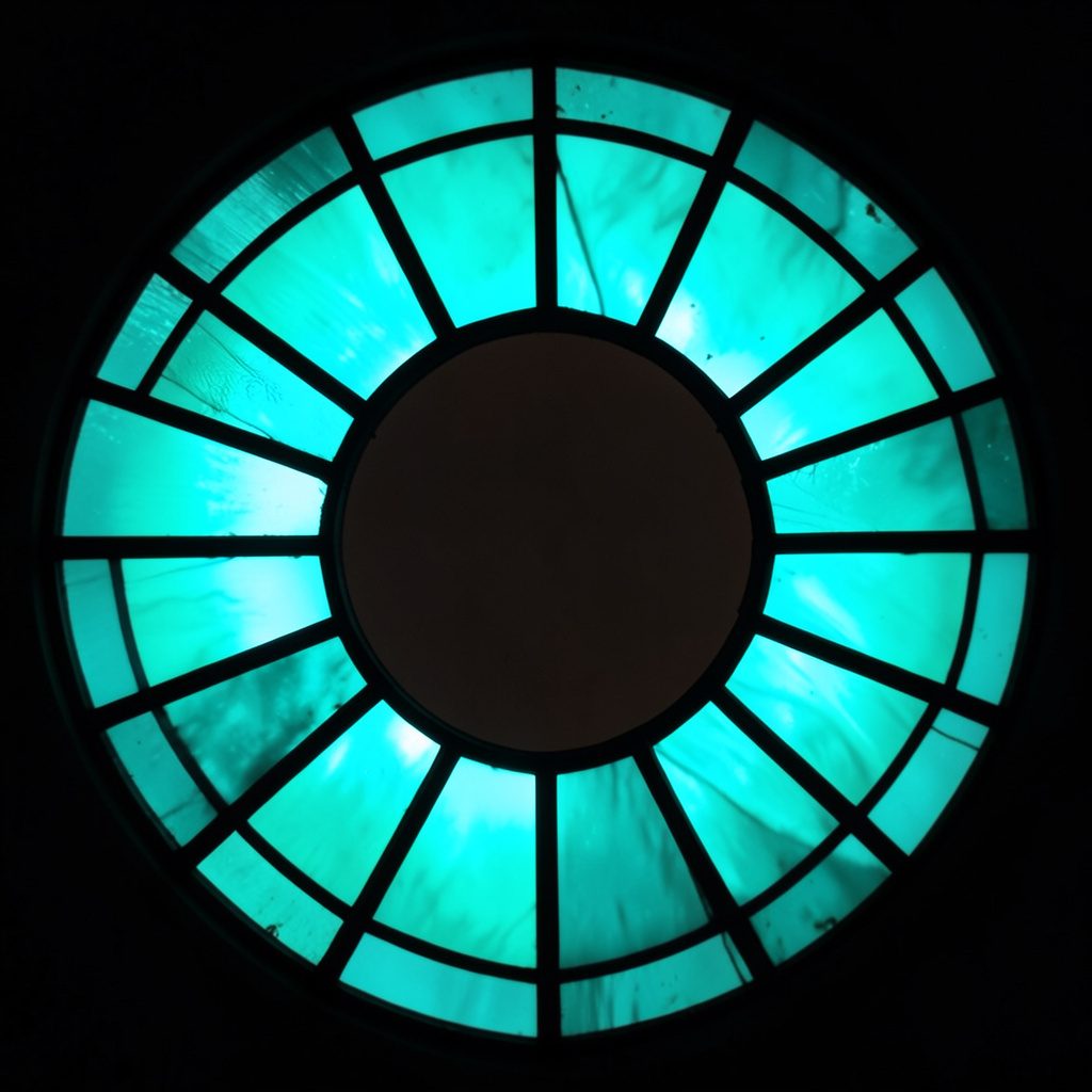 Stained-glass style circular emblem in teal and charcoal tones with bold leaded segments radiating outward, calm and professional mood