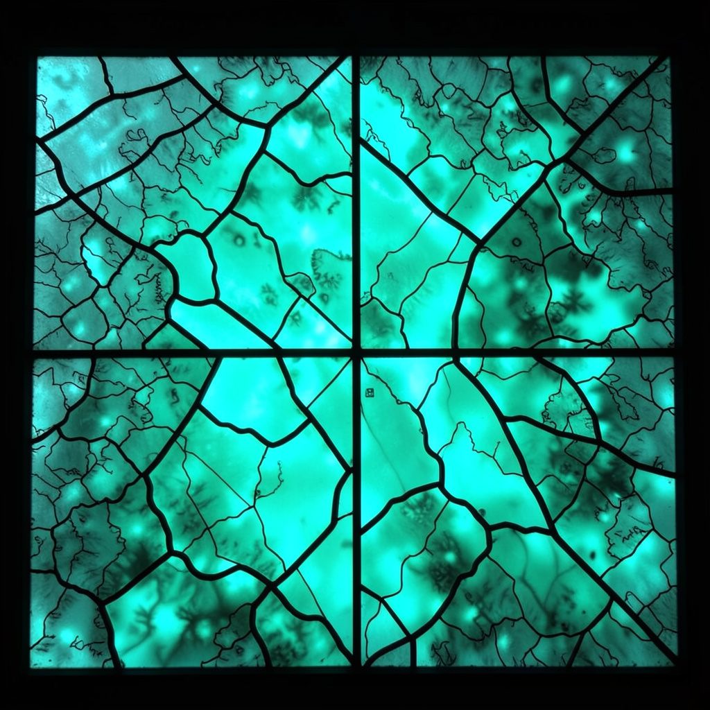 Stained-glass panel in warm amber and charcoal with bold grid-like leaded lines suggesting a map pattern, calm mood