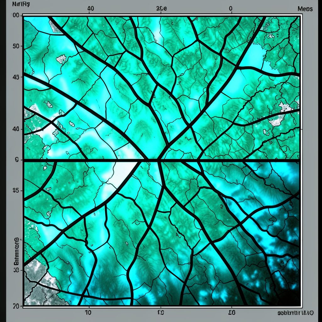 Stained-glass composition in green and brown tones depicting layered terrain shapes with bold leaded outlines, earthy mood