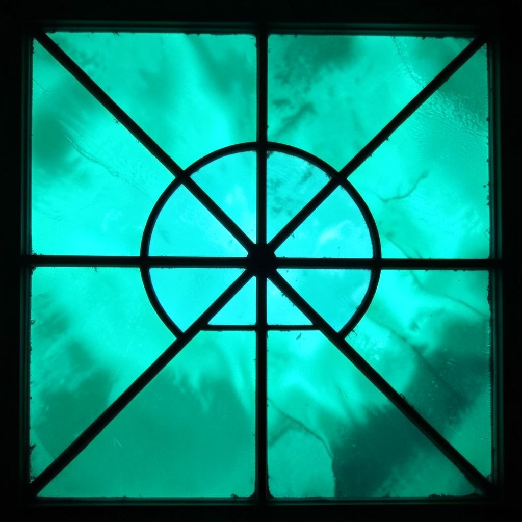 Stained-glass panel in slate blue and white with angular leaded segments suggesting a reset or refresh symbol, clean mood