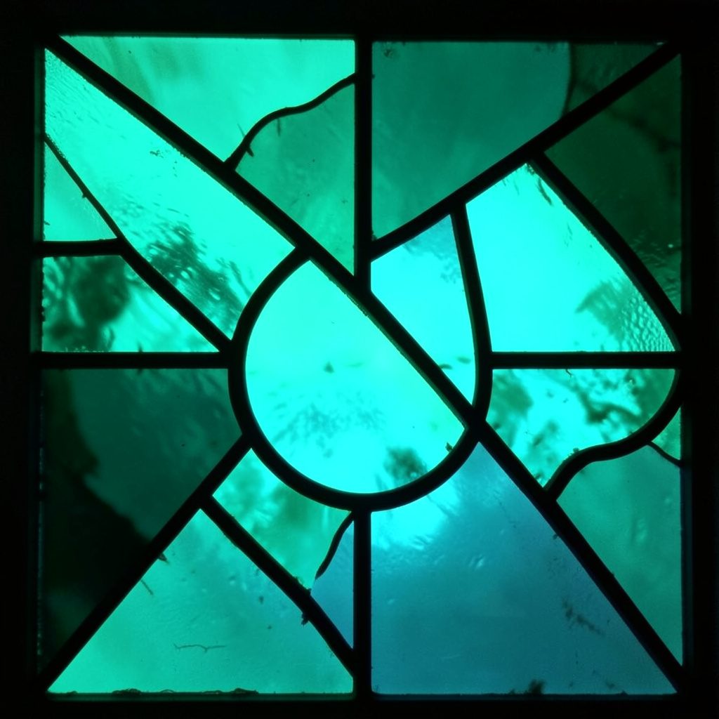 Stained-glass panel in teal and gray with circular leaded segments suggesting a wearable device display, calm mood